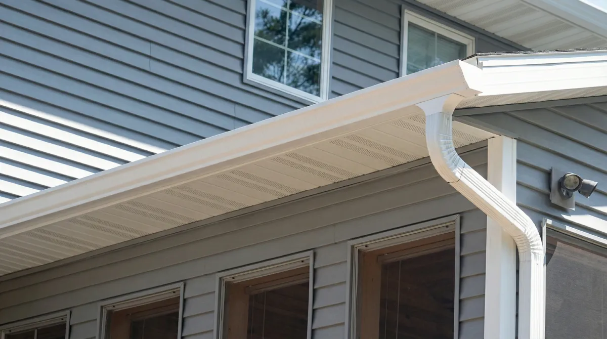 Professional home remodeling project showing newly installed white seamless gutters and downspouts on a house with gray siding in Mobile, AL