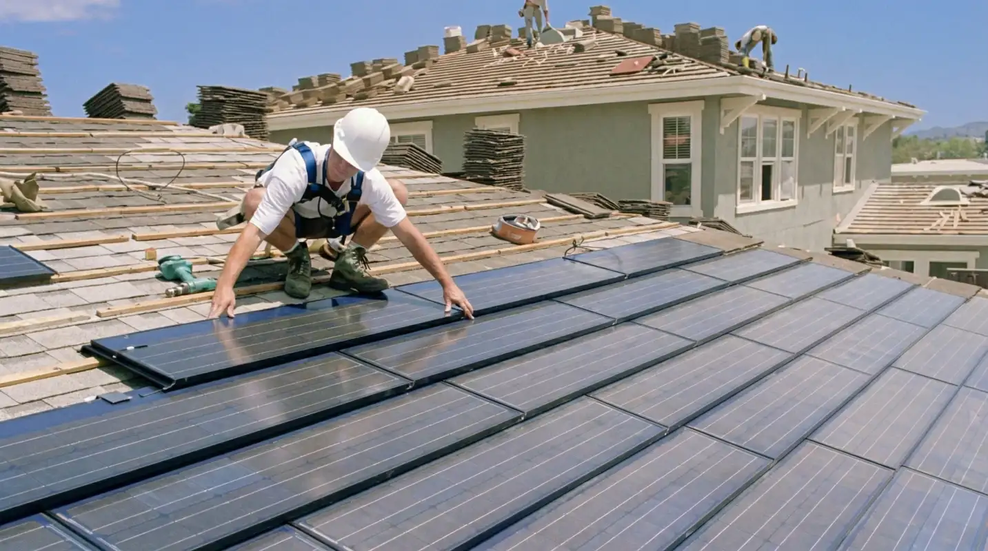 Roof replacement expert installing modern solar shingles on a residential home in Mobile, AL