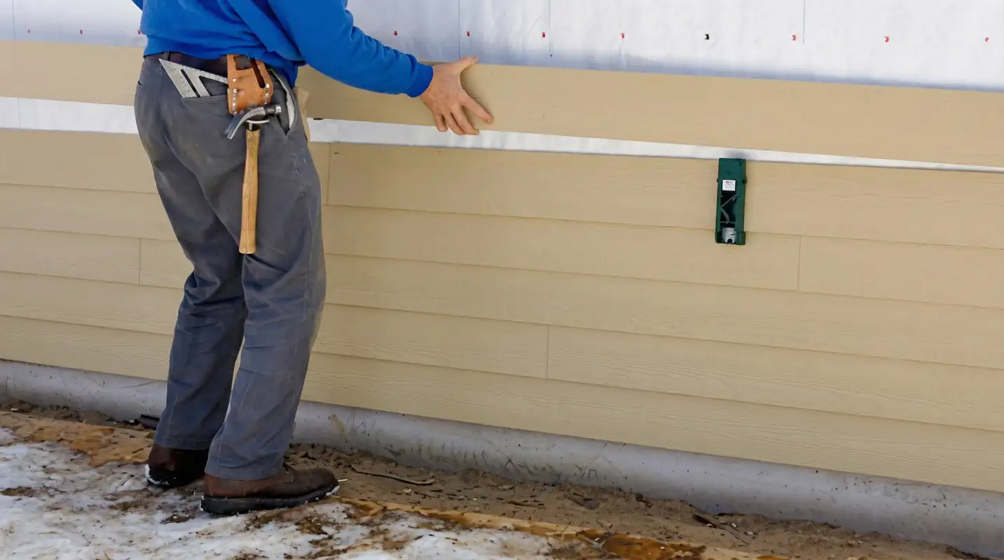 Siding replacement expert carefully aligning a new tan siding panel onto a residential exterior wall in Mobile, AL