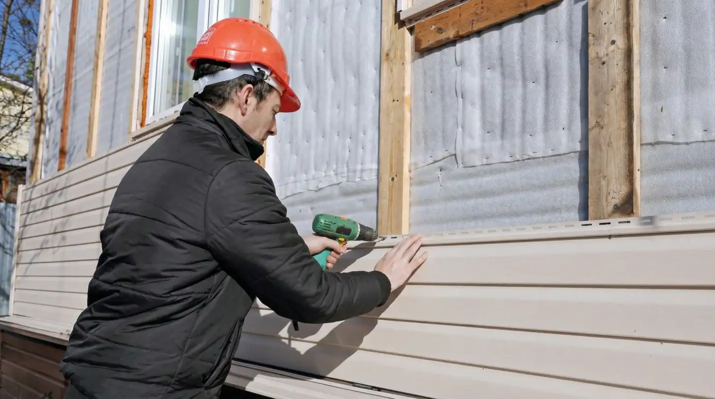 Siding replacement professional using a power drill to install new tan vinyl siding on a home exterior in Mobile, AL