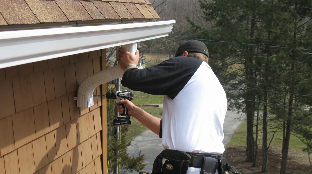 Professional contractor installing tan vinyl siding panels on a residential home exterior in Mobile, AL