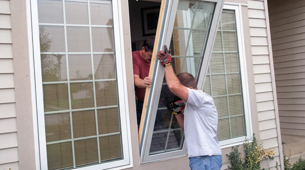 Professional home remodeling team installing a large replacement window on a house with tan siding in Mobile, AL