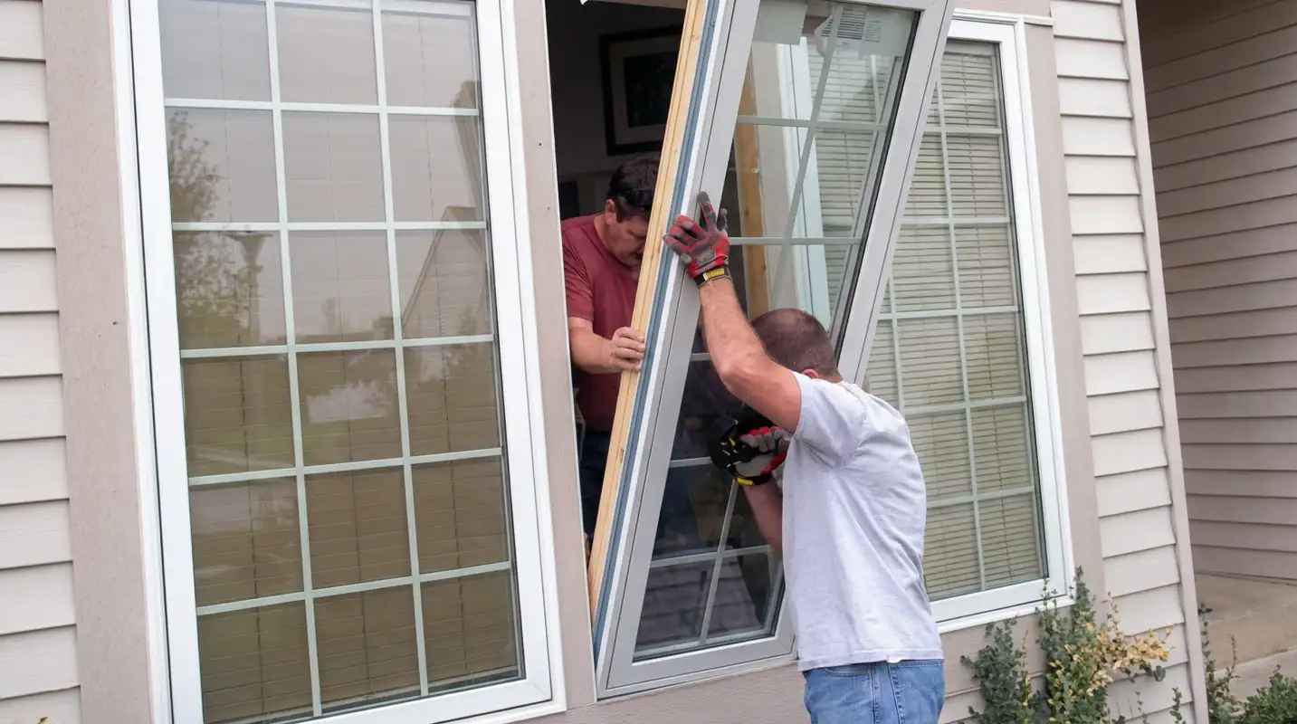 Professional home remodeling team installing a large replacement window on a house with tan siding in Mobile, AL